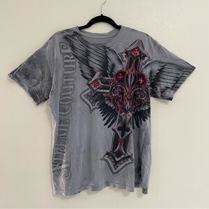 Xtreme Couture Shirt Mens Size Large Gray Cross Wings design Red Foil detail
